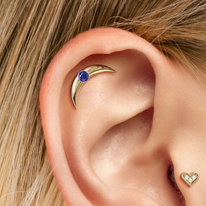 Sapphire Helix Piercing, Curved Helix Labret Stud, Sapphire Piercing, Internally Threaded, Gold Cartilage Piercing, Crescent Moon Stud