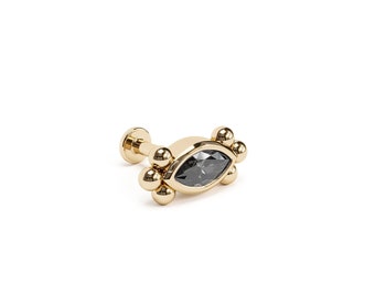 Marquise Black Diamond 0.1 Carat Helix Stud, 16G Tiny Cartilage Labret Stud, 14K Gold Labret Internally Threaded, Gold Beaded Flat Back Stud