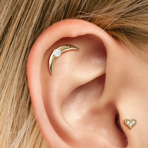 Stud de hélice de luna creciente de diamantes de oro de 14K, perno de labret de hélice curva, perforación de diamantes, rosca interna, perforación de cartílago de oro
