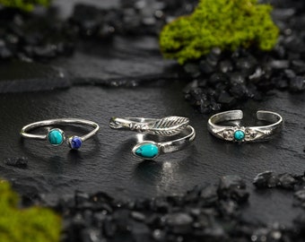 Set van 3 zilveren turquoise teenringen, zilveren teenringen, turquoise teenring, lapis teenringen, ingerichte teenring, verstelbare ringen, edelsteenring