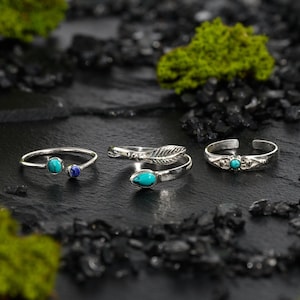 Set of 3 Silver Turquoise Toe Rings, Silver Toe Rings, Turquoise Toe Ring, Lapis Toe Rings, Fitted Toe Ring, Adjustable Rings, Gemstone Ring