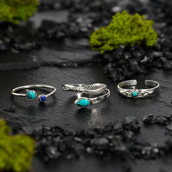 Set of 3 Silver Turquoise Toe Rings, Silver Toe Rings, Turquoise Toe Ring, Lapis Toe Rings, Fitted Toe Ring, Adjustable Rings, Gemstone Ring