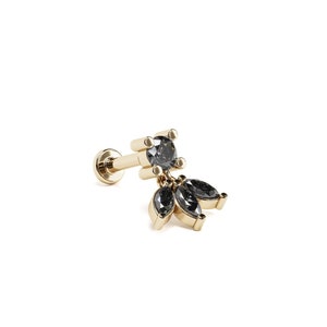 Marquise Black Diamond Dangle Labret Stud, 14K Gold 0.11ct Marquise Black Diamond Floral Stud, Conch, Helix, Tragus, Forward Helix, 16G Stud