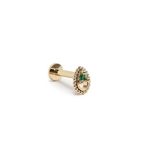 14K Gold Emerald Labret Stud, Gold Beaded Stud, Internally Threaded, Emerald Piercing, Screw Back Prong Setting Emerald Piercing
