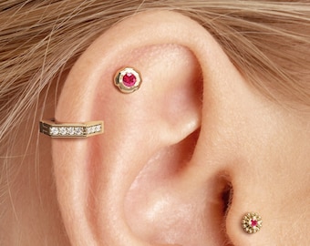 Ruby Piercing, 14K Gold Tragus Earring, Tiny 2mm Ruby Piercing Stud, Cartilage Labret, Internally Threaded, Helix Earring, Conch,, Tragus