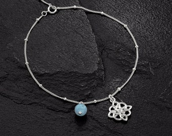 Mandala Anklet, Genuine Aquamarine Anklet, Statement Jewelry, Sterling Silver Anklet, Beach Anklet, Tribal Anklet, Adjustable Anklet