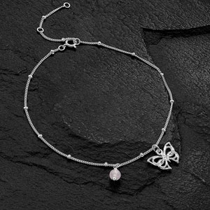 Rose Quartz Anklet, Butterfly Charm Anklet, Dangle Charm Anklet, Beach Wedding, Beach Anklet, Bridesmaid Gift, Genuine Gemstone