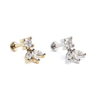 Marquise Diamond Dangle Labret Stud, 14K Gold 0.11ct Marquise Diamond Floral Stud, Conch, Helix, Tragus, Forward Helix, 16G Diamond Stud