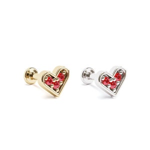 Tiny Ruby Heart Stud, 16G Tiny Ruby Labret Stud, Pendiente de perno de hélice de corazón, oro sólido de 14K, Labret roscado interno, regalo de San Valentín