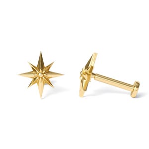 Labret Stud Earring 14K Gold, Starburst Threaded Labret, Helix Tragus Cartilage Piercing, Solid Gold Jewelry, Unique Stud, Piercing Jewelry