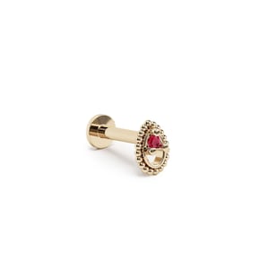 14K Gold Ruby Labret Stud, Gold Beaded Stud, Internally Threaded, Ruby Piercing, Screw Back Prong Setting Ruby Piercing, 16G Tiny Stud