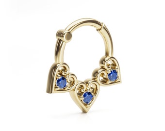 Septum Clicker, Blue Sapphire Septum Ring, 14K Gold Heart Septum Hoop, 16g Septum Ring, Septum Jewelry, Septum Piercing, Sapphire Jewelry