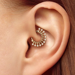 Beautiful Solid Gold Daith Earring with Natural Diamonds, Unique Daith Jewelry, Daith Piercing, Spike Daith Hoop, 8mm Daith Ring