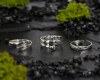 Silver Toe Rings Set, Set of 3 Toe Rings, Adjustable Toe Rings, Flower Toe Ring, Sterling Silver Toe Ring, Unique Midi Ring, Minimalist Ring