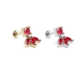 Marquise Ruby Dangle Labret Stud, 16G Lotus Ruby Stud, 14K Gold Marquise Ruby Floral Stud, Conch, Helix, Tragus, Gold Ruby Forward Helix