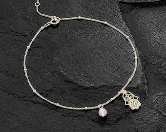 Gold Anklet, Hamsa Anklet, Protection Jewelry, Rose Quartz Anklet, Hamsa Charm Anklet, Gemstone Anklet, Adjustable Anklet, Everyday Anklet