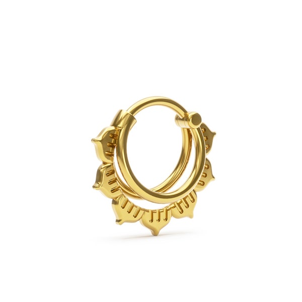 Anneau de septum empilé, cerceau de septum lotus, anneau de clic de septum 16 g, bijoux de septum en or vermeil 18 carats, piercing de septum, anneau de septum tribal