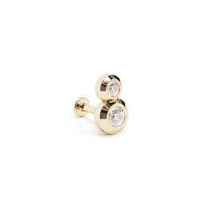Bezel Set Duo Diamond Helix Stud, Double Diamond Stud, 14K Gold Labret Stud, Diamond Piercing, Cartilage Stud Earring, Conch Piercing