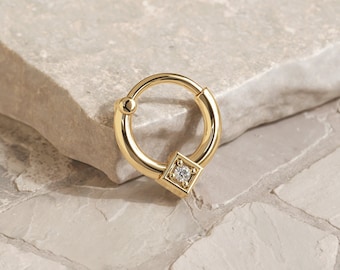 Minimalist Diamond Hoop, Daith Hoop, Helix Jewelry, Septum Ring, Fine Jewelry, Dainty 14K Gold Hoop, Geometric Hoop, Solid Gold Jewelry