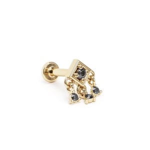 Black Diamond Dangle Stud, 14K Gold Square Stud, 14K Gold Labret Internally Threaded, Flat Back Earring Labret, Dangle Cartilage Earring
