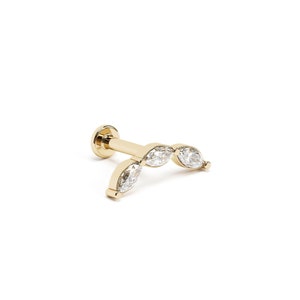 Triple Marquise Diamond Labret Stud, 14K Gold Curved Helix Stud Earring, Conch Flat Back Stud, Genuine Diamond Stud, Internally Threaded