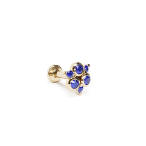 Sapphire Gold Helix Earring, Flat Back Stud for Cartilage or Conch, 14K Gold Sapphire Piercing, Cool Piercing Jewelry, Unique Labret Stud