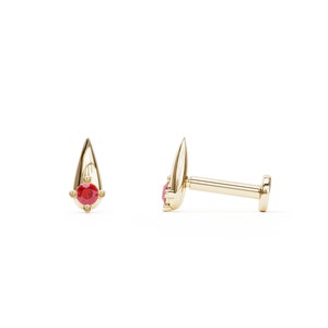 Tiny 16G Ruby Stud, Ruby Tragus Stud Earring, Tragus Piercing, Minimalist 14K Gold Labret Stud, Red Ruby Piercing, Tiny Spike Stud