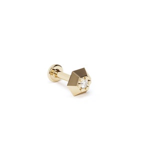 Diamond Hexagon Stud, Screw Back Ear Piercing, Small 14K Gold Stud, Internally Threaded, Tiny 16G Cartilage Stud, Tragus, Conch, Helix