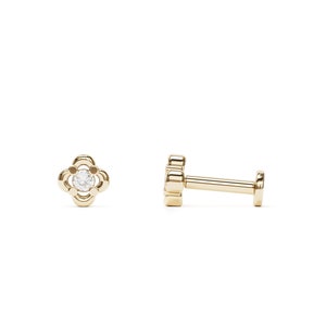 14k Solid Gold Flower Diamond Internally Threaded Labret Stud Earring, 16 Gauge, Conch Tragus Cartilage Helix Piercing, Dainty Tiny Earring