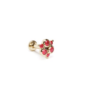 Pendiente de hélice de oro y rubí, con parte trasera plana para cartílago o caracola, piercing de rubí en oro de 14 quilates, joya para piercings, piercing único para labio.