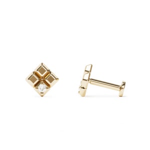 Unique Square Piercing Stud 14K Gold, Diamond Ear Piercing, Diamond Tragus Earring, Tragus Piercing, 16G Tiny Gold Stud, Helix Piercing