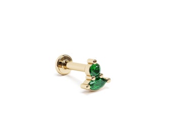 Multi Shape Emerald Tragus Labret Stud, 14K Gold Flat Back Stud, Tiny Marquise Emerald Stud, 16G Internally Threaded Labret