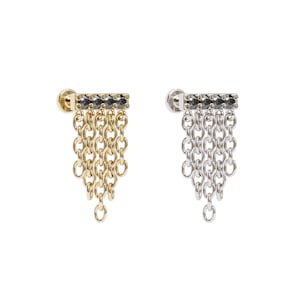 Black Diamond Bar Stud, Chain Dangle Stud, 14K Gold Labret Internally Threaded, Drape Chain Earring, Cartilage Chain Piercing, Fine Piercing