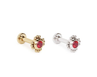 Tiny 14K Gold Ruby Round-Cut Cartilage Stud, Ruby Labret Stud, Internally Threaded Stud, 14K Gold Ruby Stud Earring, Conch, Helix, Tragus