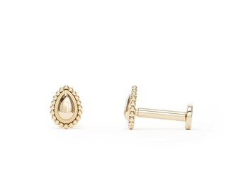 14K Gold Labret Stud, Tiny 16G Tragus Stud,  14K Gold Beaded Stud, Internally Threaded, Teardrop Gold Stud, Screw Back Helix Stud, Conch