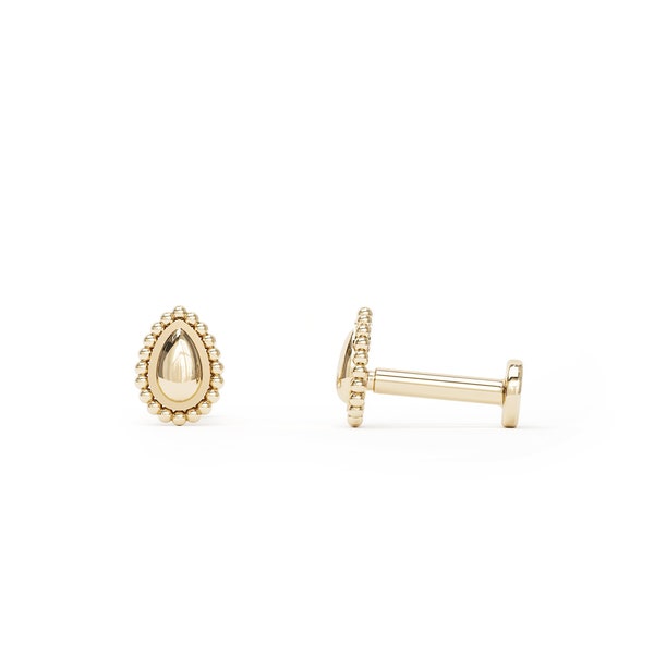 14K Gold Labret Stud, Tiny 16G Tragus Stud,  14K Gold Beaded Stud, Internally Threaded, Teardrop Gold Stud, Screw Back Helix Stud, Conch