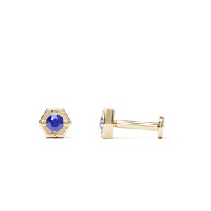 Tiny Sapphire Hexagon Stud, Screw Back Ear Piercing, Small 14K Gold Stud, Internally Threaded, 16G Cartilage Stud, Tragus, Conch, Helix
