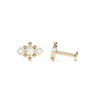Diamond Statement Stud Earring, 14K Gold Labret Stud, Flat Back Stud, Solid Gold Helix Stud, Diamond Conch Piercing, Cartilage Stud Earring