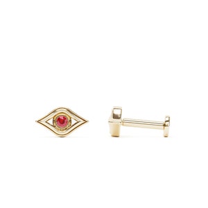 Ruby Evil Eye Stud Earring, Tiny 14K Gold Eye Stud, Cartilage Stud Earring, Helix Piercing, Small Evil Eye Stud, 16G Ruby Gold Stud