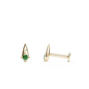 Pequeño perno esmeralda de 16G, pendiente de perno de tragus esmeralda, perforación de tragus, perno labret de oro minimalista de 14K, perforación esmeralda, perno de púa pequeña