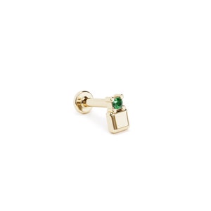 Emerald Square Tragus Earring, Minimalist Tragus Ear Piercing Stud, Solid Real 14K Yellow Gold, 14K White Gold, Emerald Piercing, Geometric