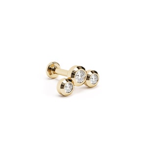 Bezel Set Diamond Helix Stud, Trinity Diamond Stud, 14K Gold Labret Stud, Diamond Piercing, Trio Diamond Stud, Curved Cartilage Stud Earring
