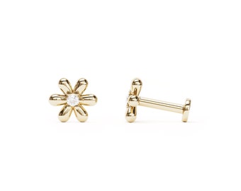 Diamond Flower Stud, Cartilage Stud Earring, Helix Piercing, 14K Gold Floral Stud Earring, Cartilage Jewelry, Diamond Piercing, Labret Stud