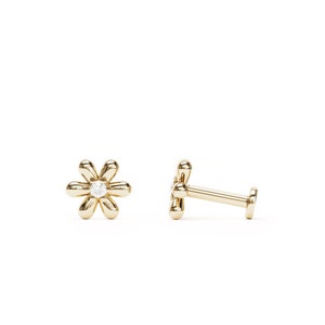 Diamond Flower Stud, Cartilage Stud Earring, Helix Piercing, 14K Gold Floral Stud Earring, Cartilage Jewelry, Diamond Piercing, Labret Stud