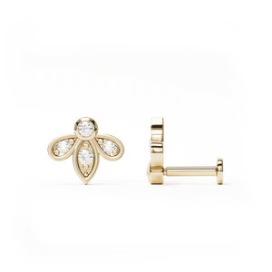 Diamond Lotus Helix Earring, Flat Back Stud for Cartilage or Conch, Lobe, 14K Gold Diamond Piercing, Piercing Jewelry, Gold Labret Stud