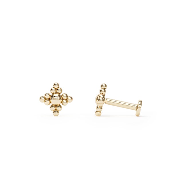 14K Solid Gold Labret Piercing, Cartilage Stud Earring, Granule Beaded Gold Stud Earring, 14K Gold Internally Threaded Labret, Tragus, Helix