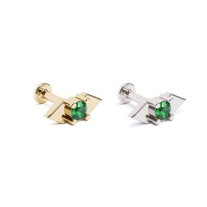 Conch Stud Earring, Green Emerald Helix Stud, 14K Gold Labret Stud, Tiny 16G Stud, Emerald Piercing, Cartilage Jewelry, Gold Triangle Stud