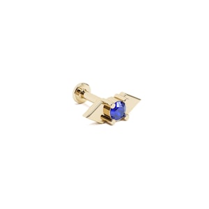 Perno de perforación de caracola, perno de hélice de zafiro azul, perno de labio de oro de 14 quilates, perno pequeño de 16 g, perforación de zafiro, joyería de cartílago, perno de triángulo de oro