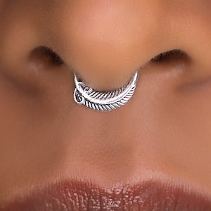 Beautiful Fake Silver Leaf Septum Ring for Non Pierced Nose, Fake Nose Jewelry, Septum Cuff, Clip On Septum Ring image 1