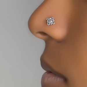 Silver Nose Stud, Tiny Nose Stud, Indian Nose Stud, Flower Nose Stud, L Shape